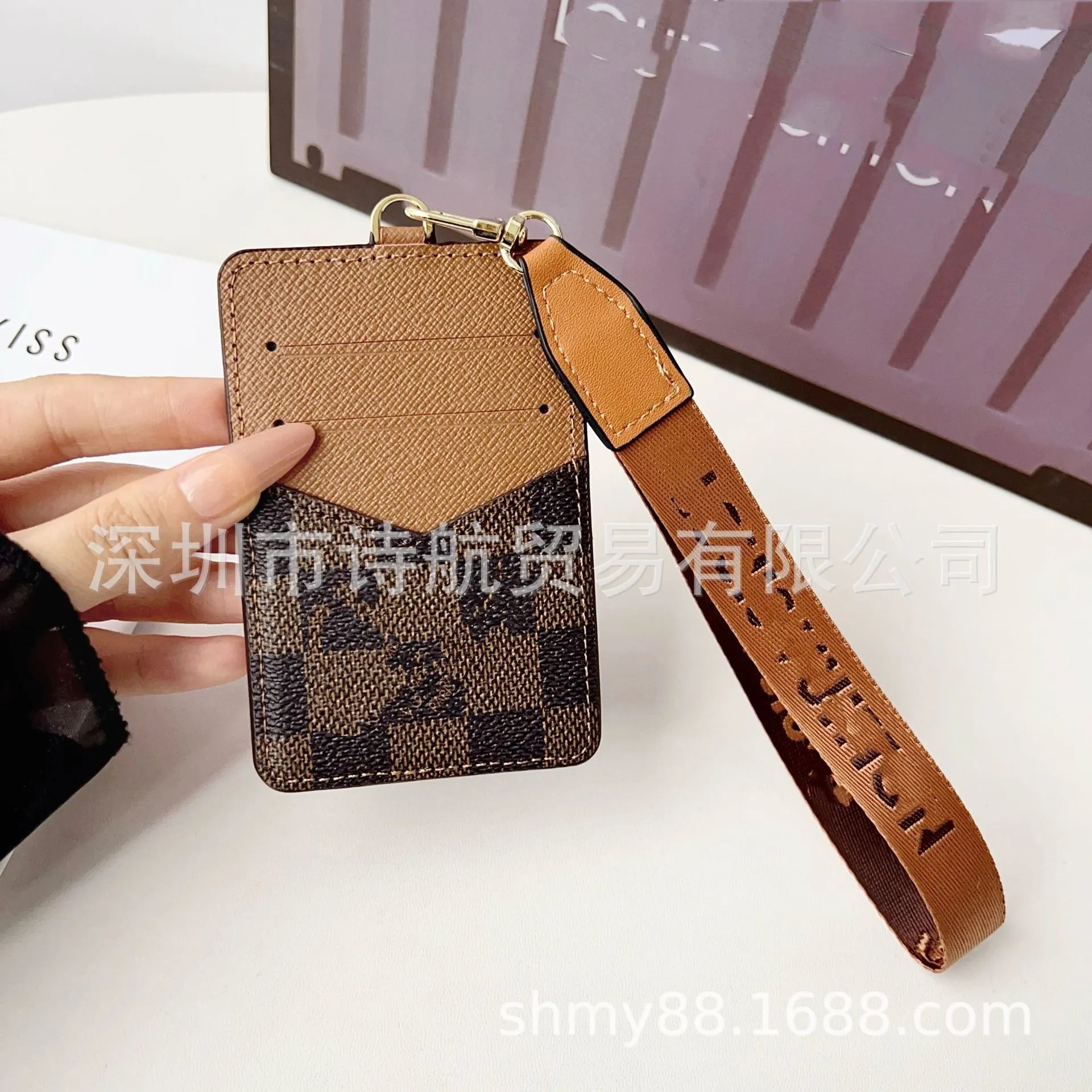 Design Card Holder Lanyard with Checkered Pattern Black Wallets - 8