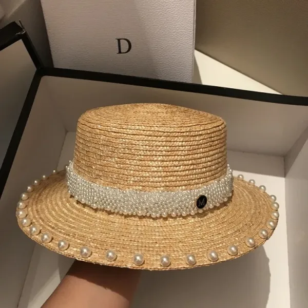 Design Pearl-Embellished Straw Boater Hat Beige Hats - 8