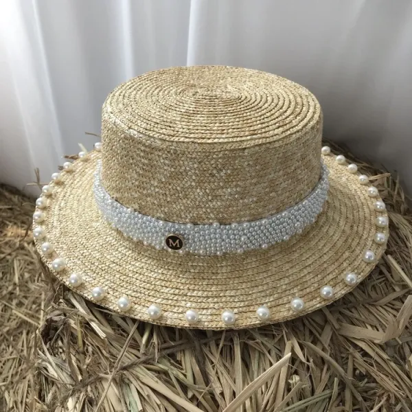 Design Pearl-Embellished Straw Boater Hat Beige Hats - 15