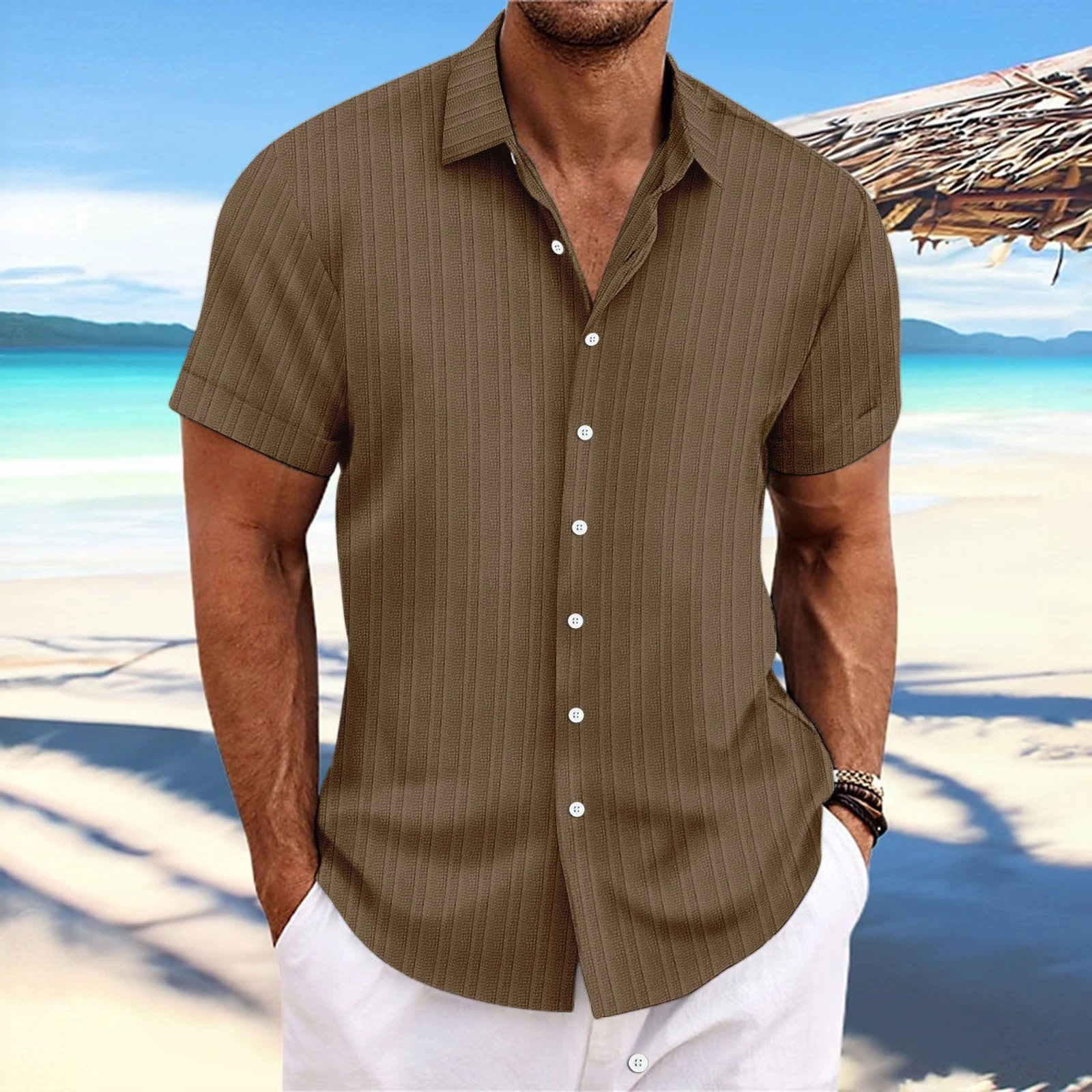 Design Short-Sleeve Linen-Blend Button-Up Shirt White Tops Shirt - 12