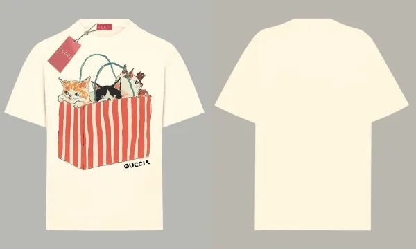 Gucci Cats in Striped Bag Print T-Shirt Beige - 1