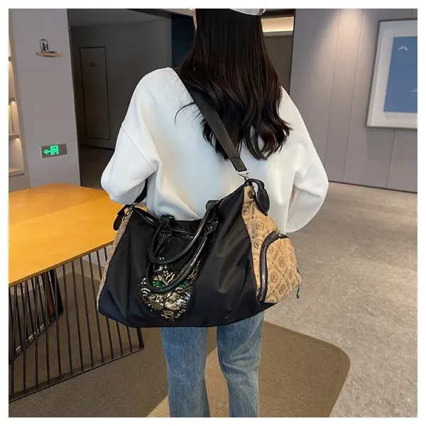Design Cat Embroidery Sequin Duffle Bag Black - 26