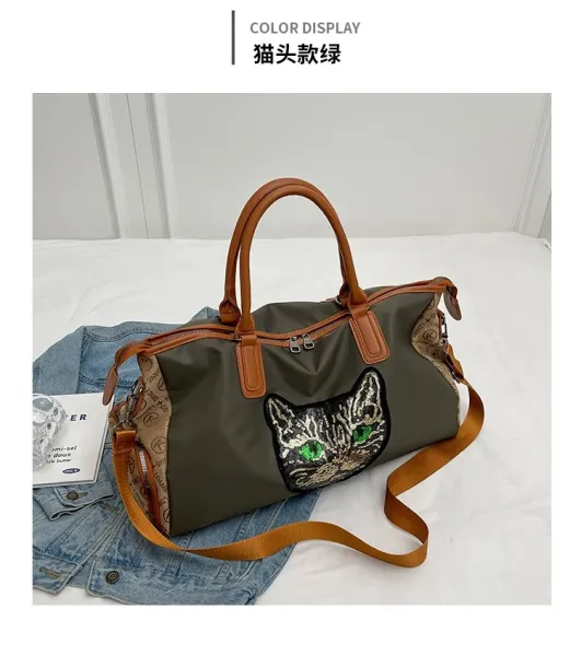 Design Cat Embroidery Sequin Duffle Bag Black - 29