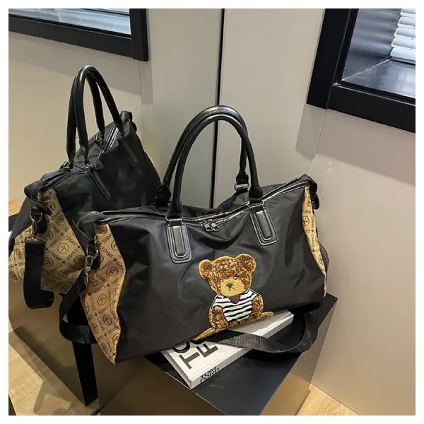 Design Cat Embroidery Sequin Duffle Bag Black - 35