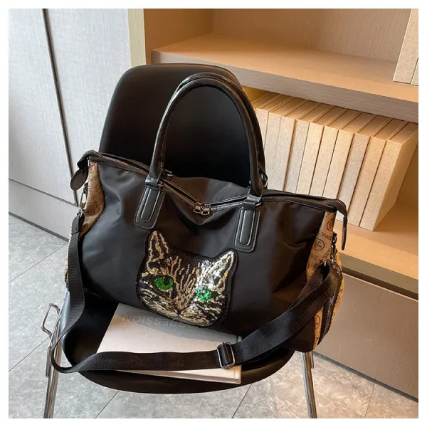 Design Cat Embroidery Sequin Duffle Bag Black - 45