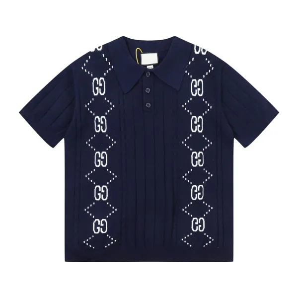 Gucci Knit Polo Navy with Interlocking GG Diamond Motif Polo Shirt - 1