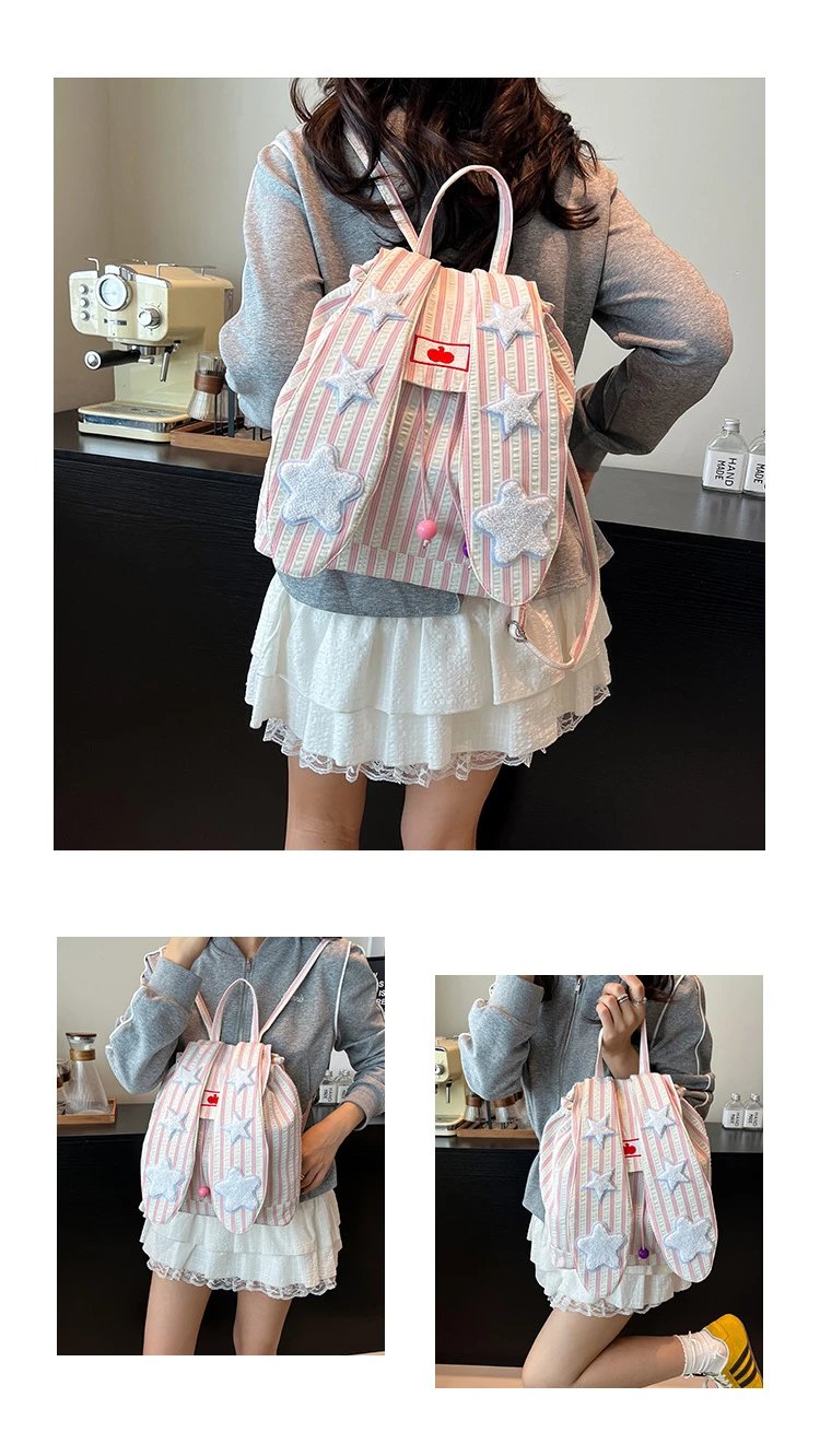Design Striped Star-Embroidered Bunny Ear Backpack Beige - 10