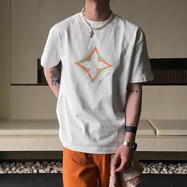 Design Diamond Grid Print White T-Shirt - 1