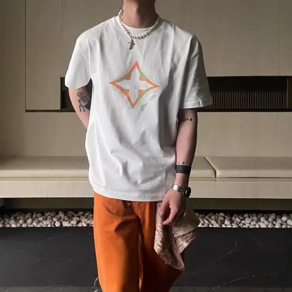 Design Diamond Grid Print White T-Shirt - 7