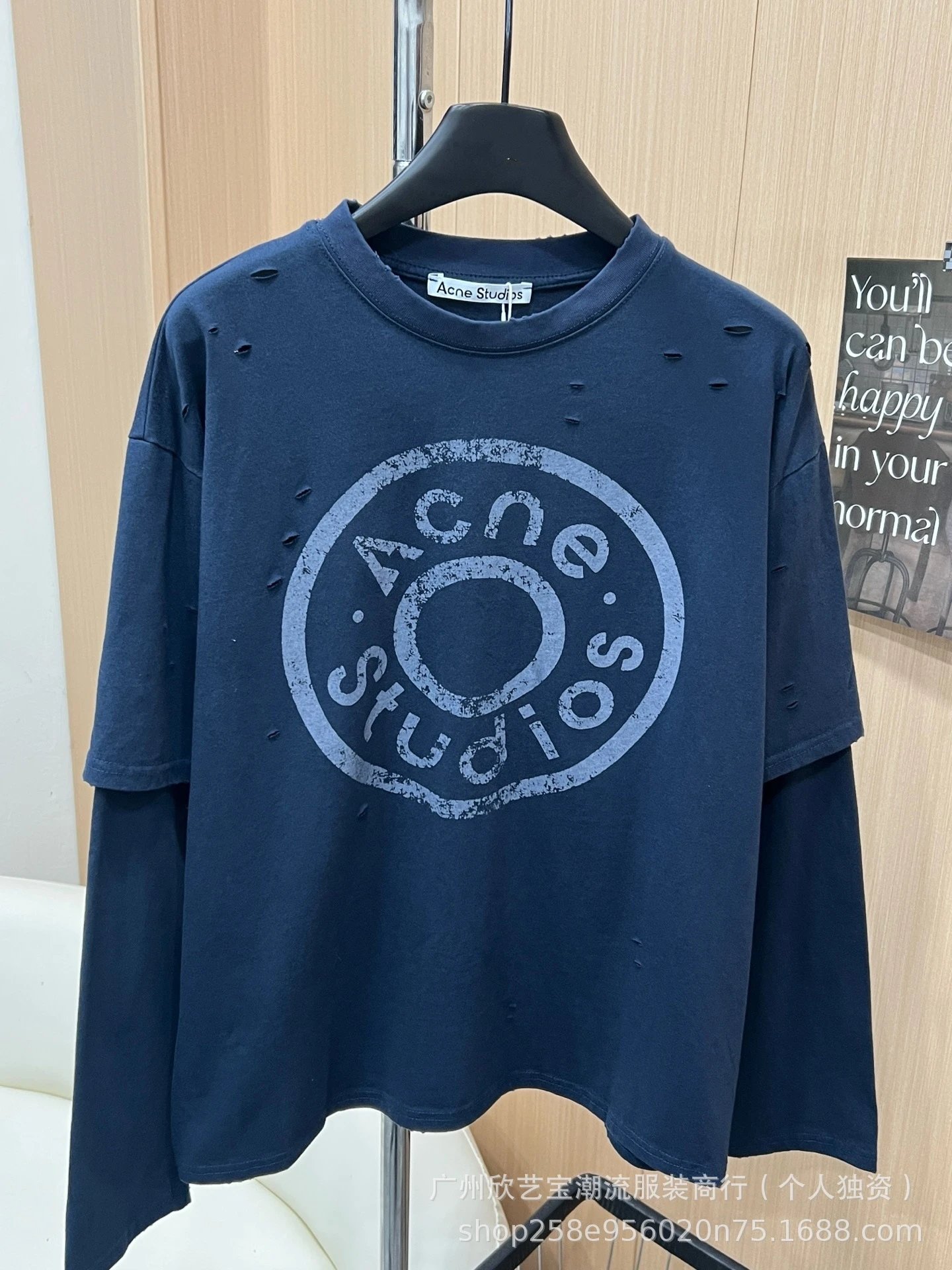 Acne Studios Distressed Logo Print Navy T-Shirt - 6
