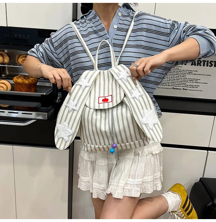 Design Striped Star-Embroidered Bunny Ear Backpack Beige - 21