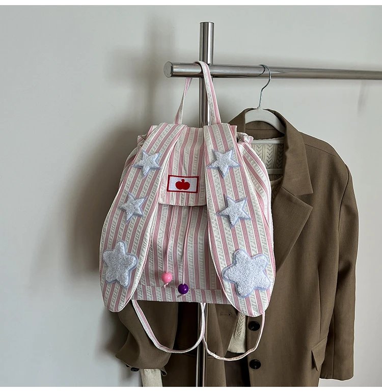 Design Striped Star-Embroidered Bunny Ear Backpack Beige - 26