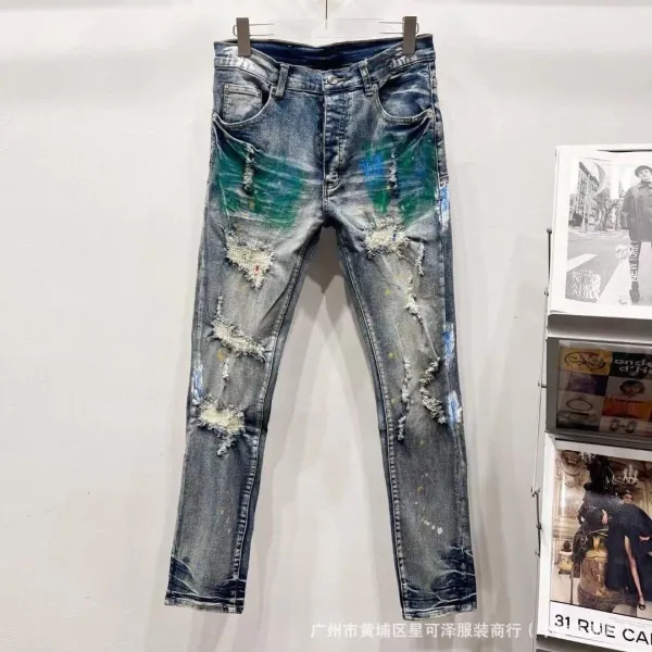 Design Distressed Paint-Splatter Ripped Slim Fit Jeans - 1