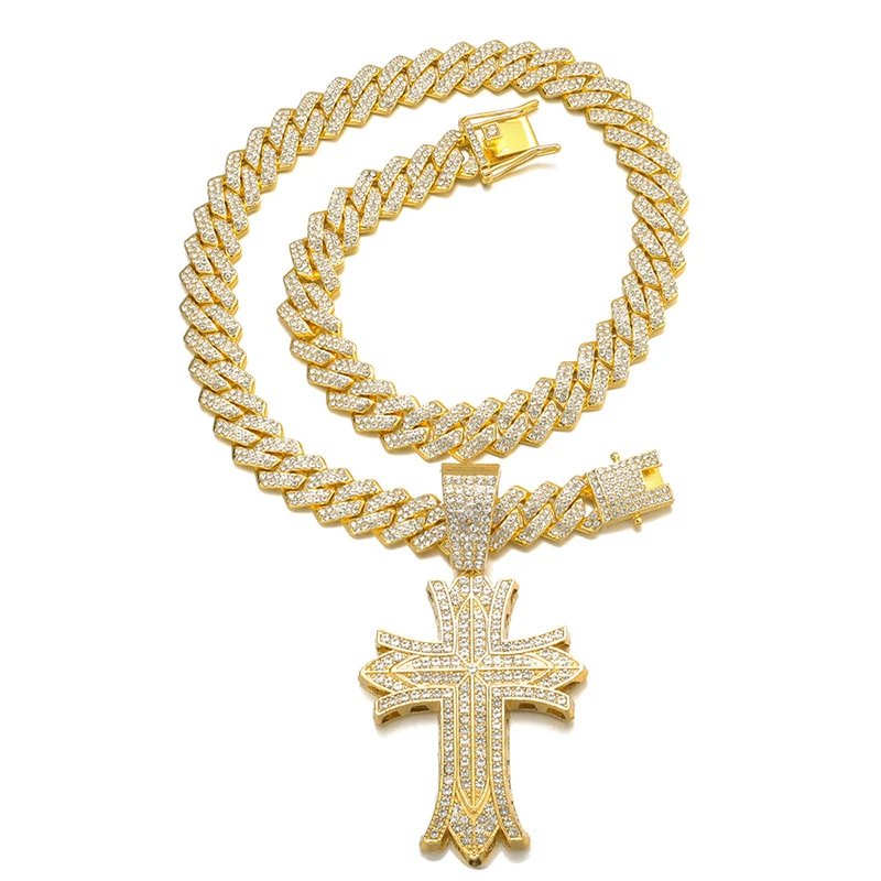 Design Gold Iced-Out Cross Pendant Necklace with Cuban Chain Jewelry - 13