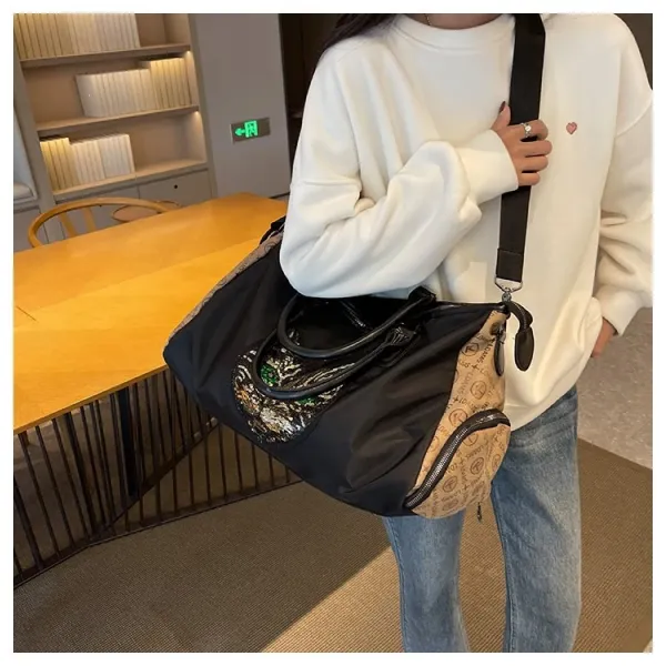 Design Cat Embroidery Sequin Duffle Bag Black - 25