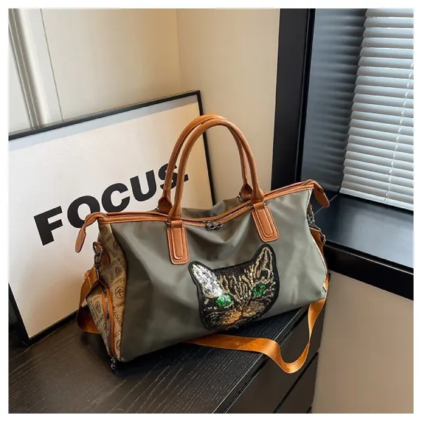 Design Cat Embroidery Sequin Duffle Bag Black - 39