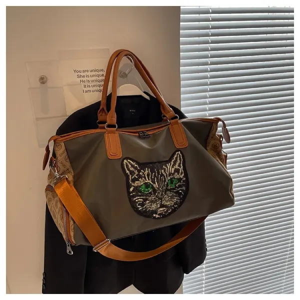 Design Cat Embroidery Sequin Duffle Bag Black - 49
