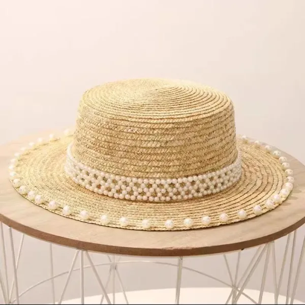Design Straw Boater Hat with Pearl Embellishment Beige Hat Hats - 1