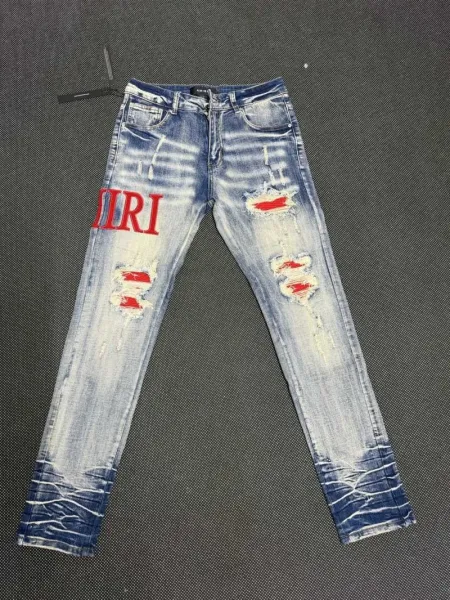 Amiri Distressed Logo Jeans Blue - 1