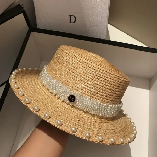 Design Pearl-Embellished Straw Boater Hat Beige Hats - 5