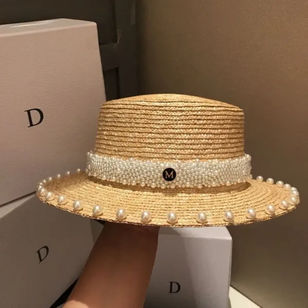 Design Pearl-Embellished Straw Boater Hat Beige Hats - 12