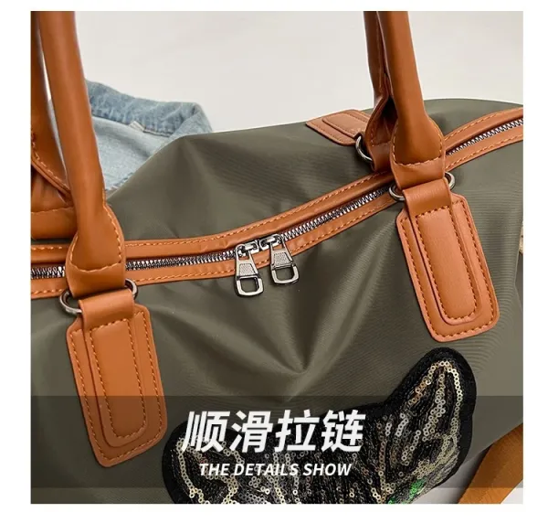 Design Cat Embroidery Sequin Duffle Bag Black - 8
