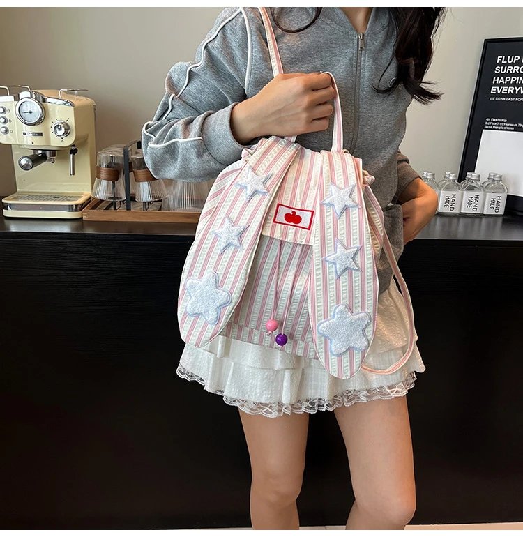 Design Striped Star-Embroidered Bunny Ear Backpack Beige - 17