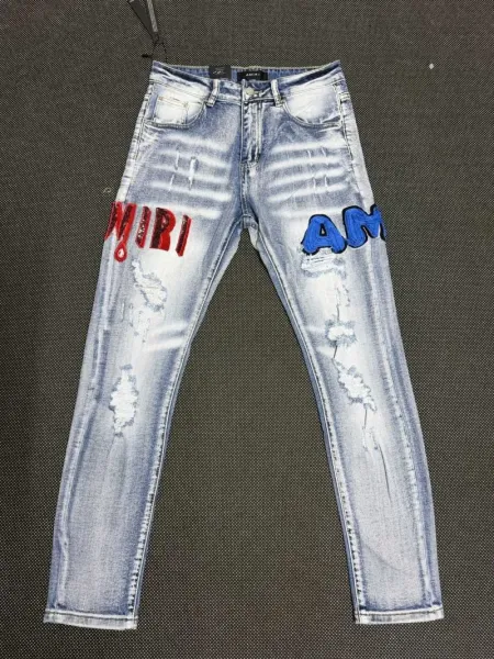 Amiri Embroidered Logo Distressed Slim Fit Jeans - 27