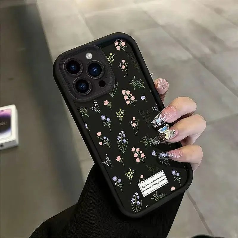 Design Floral Print Phone Case Black with Vintage Label Phone Case - 5