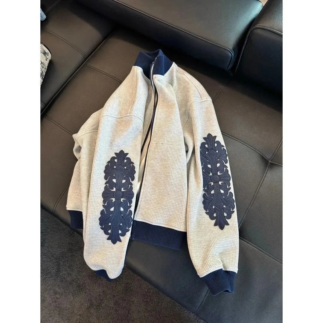 Design LOGR Waffle Knit Jacket with Ornamental Embroidery Beige and Navy Outerwear Outerwear Jacket - 6