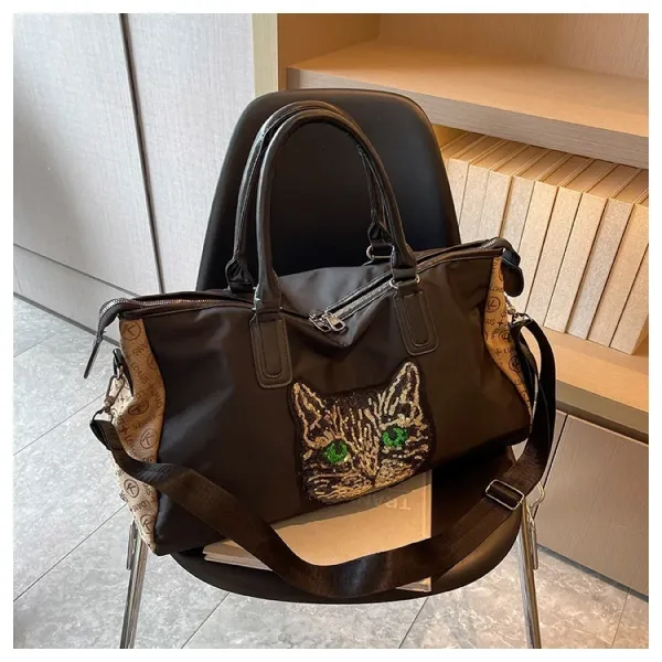 Design Cat Embroidery Sequin Duffle Bag Black - 44
