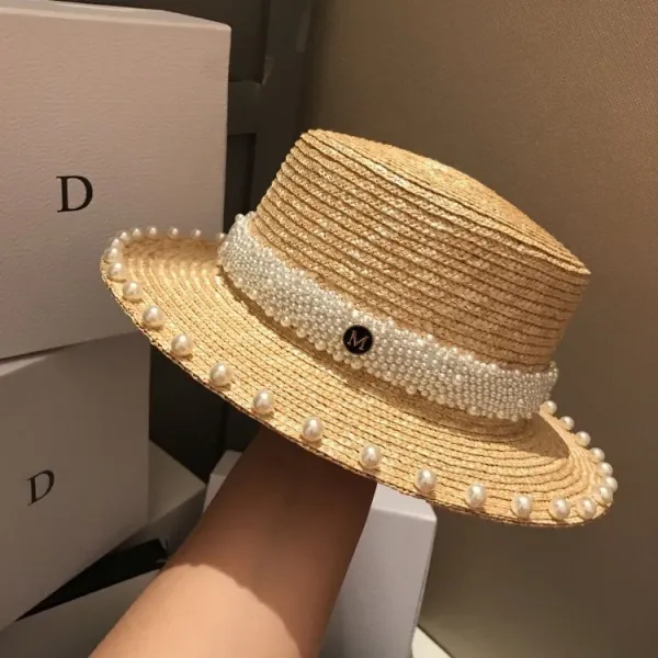 Design Pearl-Embellished Straw Boater Hat Beige Hats - 2