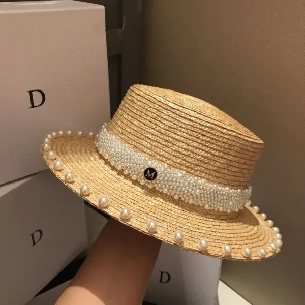 Design Pearl-Embellished Straw Boater Hat Beige Hats - 11