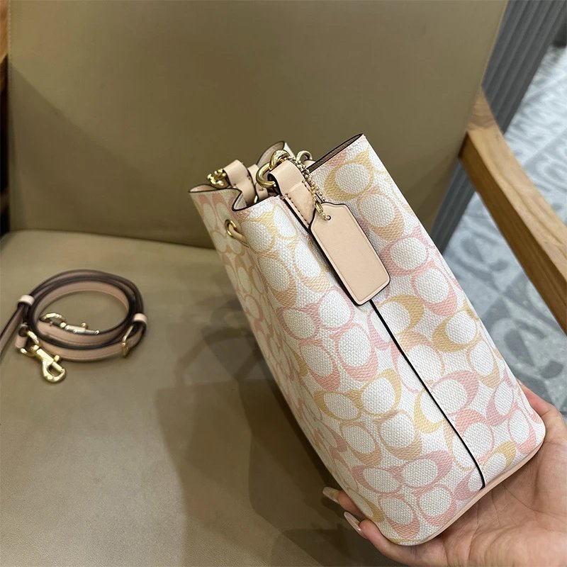 Coach Mini Bucket Bag Pink Leather with Floral Charm Handbags - 7