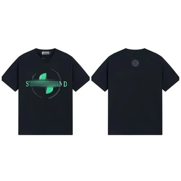 Stone Island T-Shirt Black with Neon Green Logo Print - 1