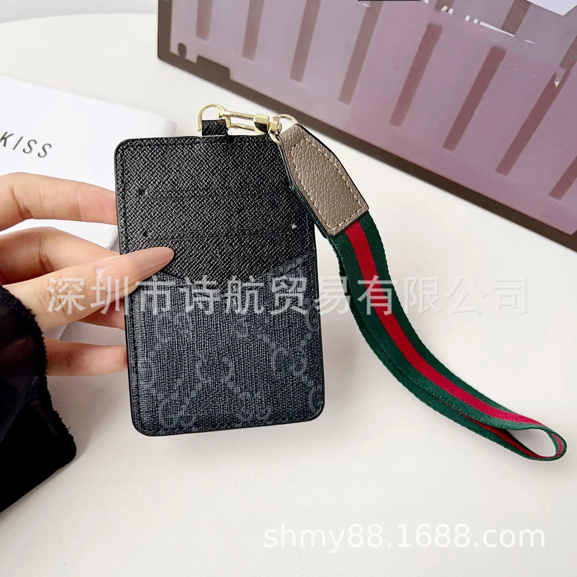 Design Card Holder Lanyard with Checkered Pattern Black Wallets - 7