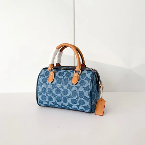 Coach Mini Boston Bag Denim Blue Signature Print Handbag - 5