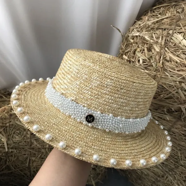 Design Pearl-Embellished Straw Boater Hat Beige Hats - 14