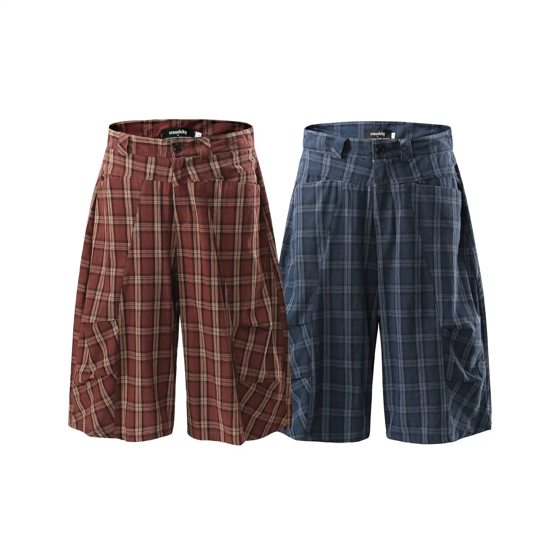 Design Crowdcity Pleated Plaid Shorts Burgundy Shorts - 3