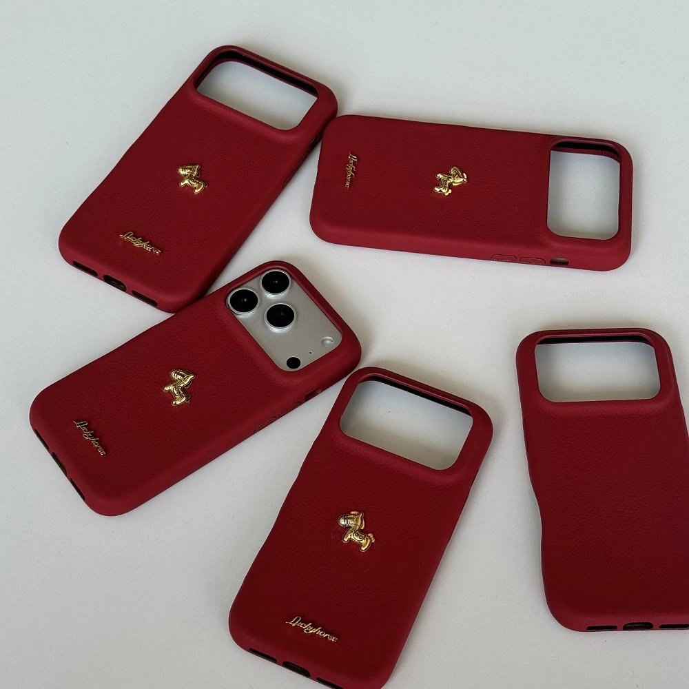 Design Luckyhorse Red Leather Phone Case with Gold Horse Charm Phone Accessories - 2