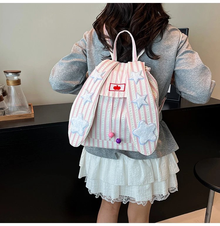 Design Striped Star-Embroidered Bunny Ear Backpack Beige - 19
