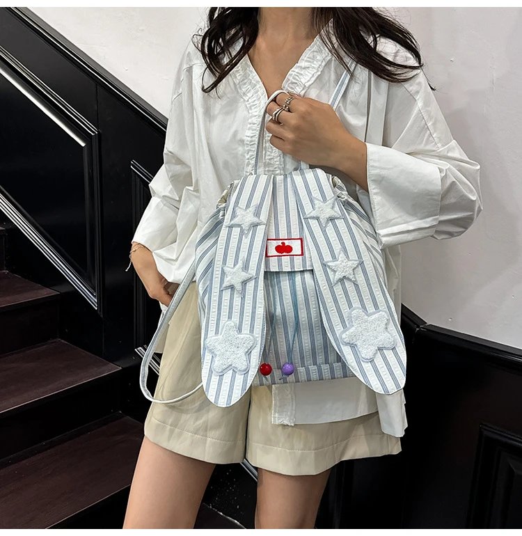 Design Striped Star-Embroidered Bunny Ear Backpack Beige - 13