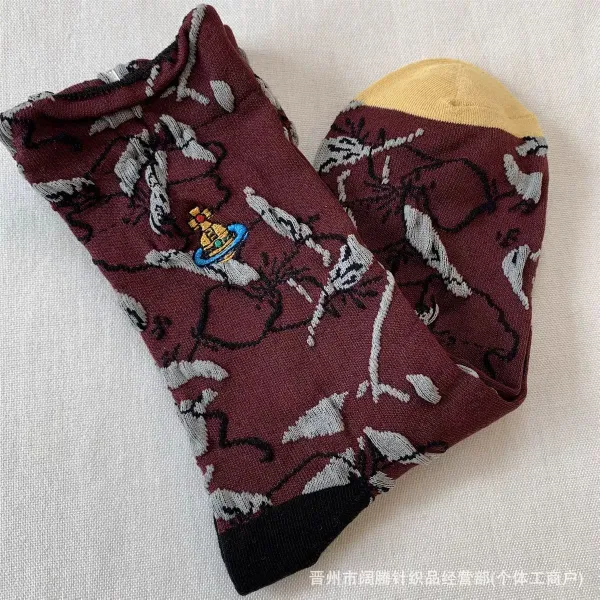 Vivienne Westwood Orb Floral Print Burgundy Socks - 1