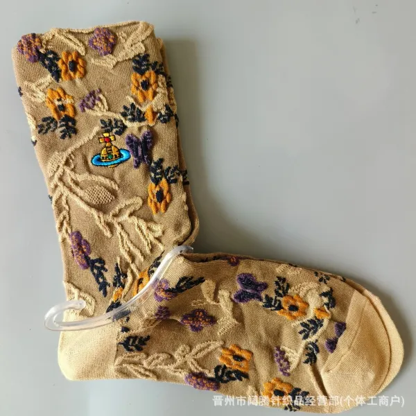 Vivienne Westwood Red Label Vivienne Westwood Orb Floral Embroidered Beige Socks - 1