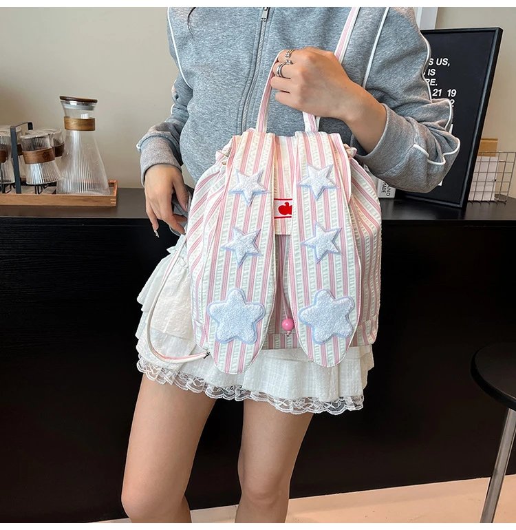 Design Striped Star-Embroidered Bunny Ear Backpack Beige - 18