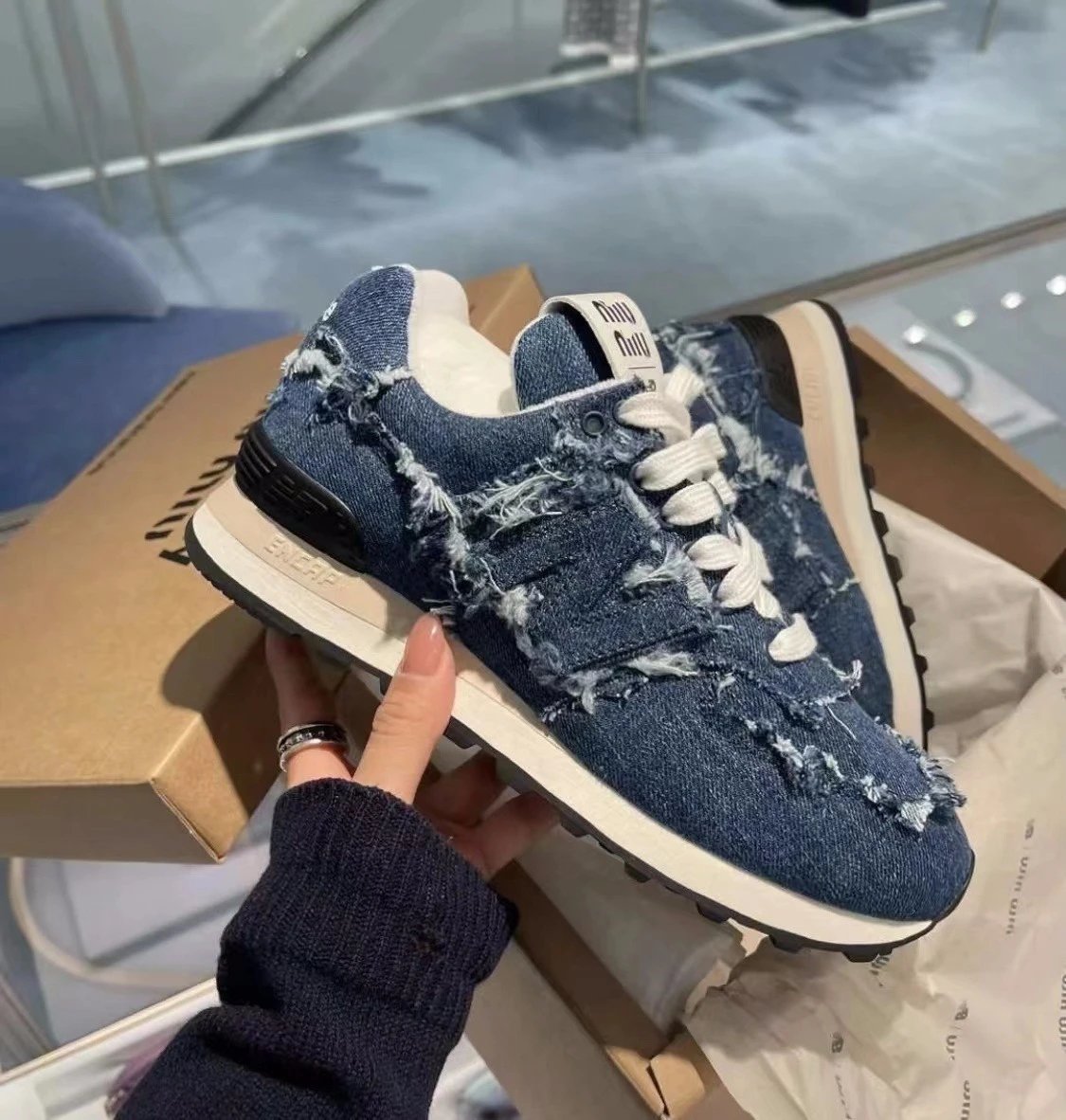 New Balance 574 Denim Distressed Blue Sneakers - 14