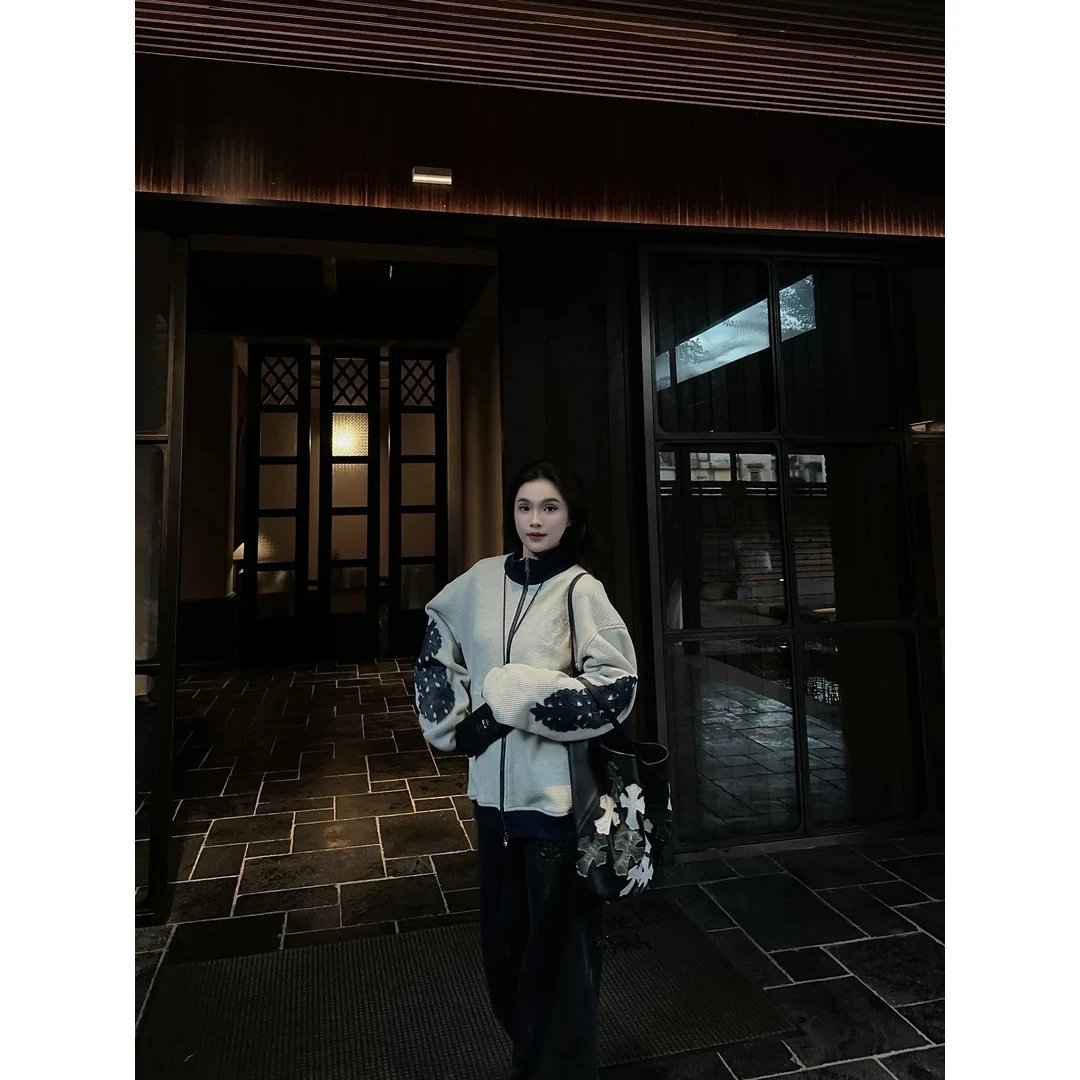 Design LOGR Waffle Knit Jacket with Ornamental Embroidery Beige and Navy Outerwear Outerwear Jacket - 4