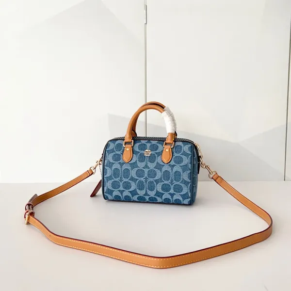 Coach Mini Boston Bag Denim Blue Signature Print Handbag - 1