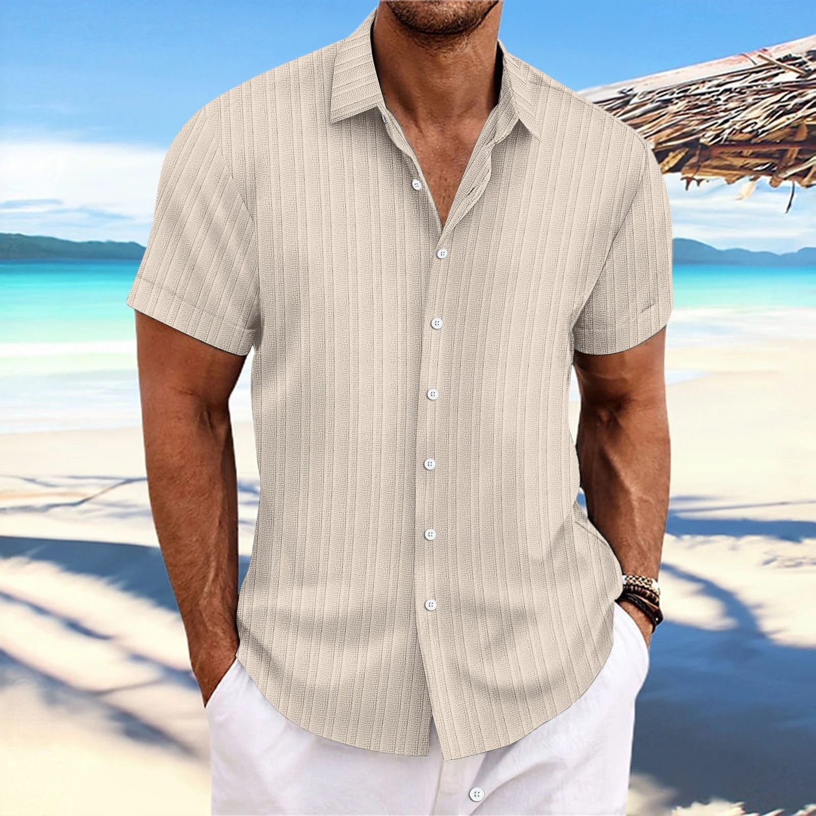 Design Short-Sleeve Linen-Blend Button-Up Shirt White Tops Shirt - 5