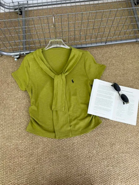 Polo Ralph Lauren Tie-Neck Short Sleeve Top Olive Green - 1